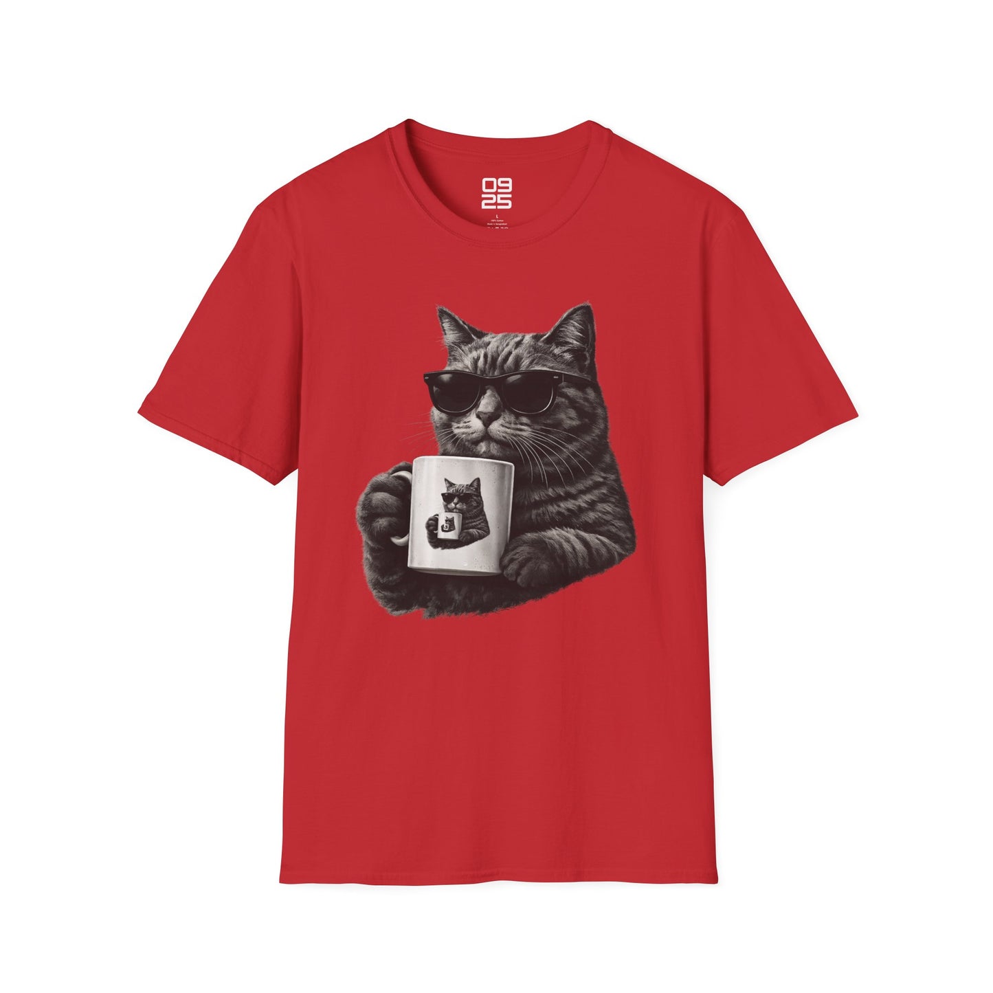 Red t-shirt with a graphic of a cat holding a coffee cup on a white background